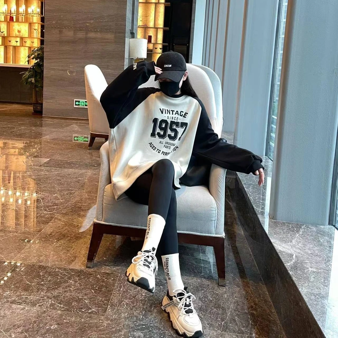 拼色圆领卫衣女遮屁股2025新款爆款美式时尚洋气无帽加绒秋冬外套