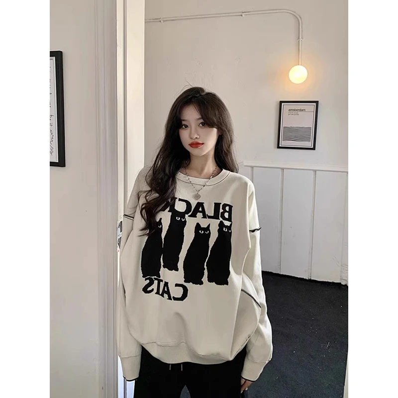 美式杏色圆领卫衣女薄款春秋设计感小众复古慵懒BF风宽松长袖上衣