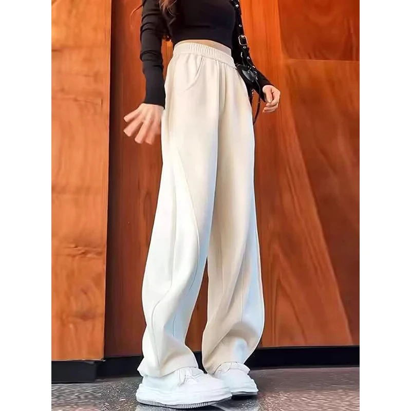 白色运动裤子女秋冬季加绒加厚窄版休闲百搭高腰弯刀裤香蕉裤卫裤