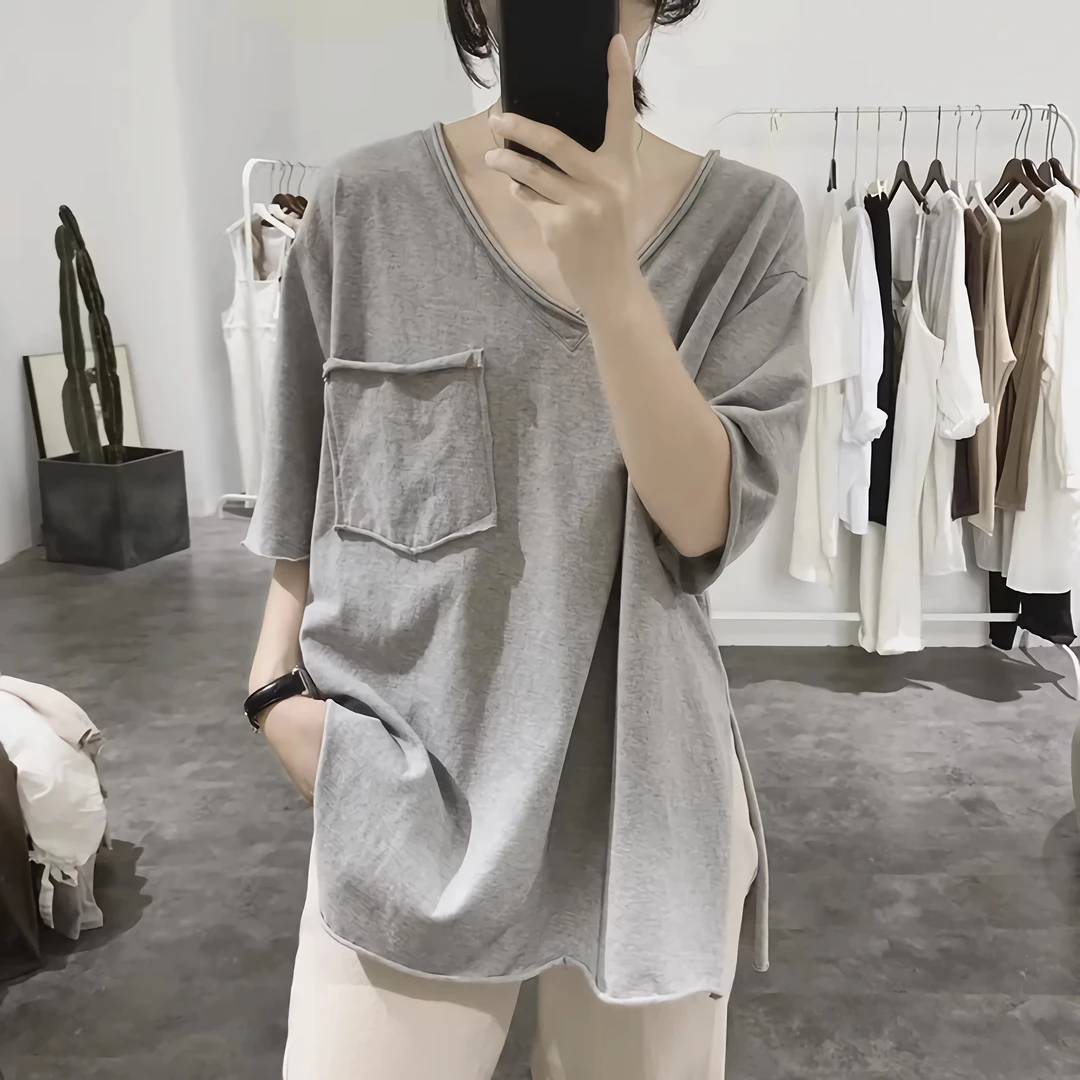 灰色短袖T恤女夏季韩范V领开叉超火网红中长款宽松显瘦半袖上衣潮