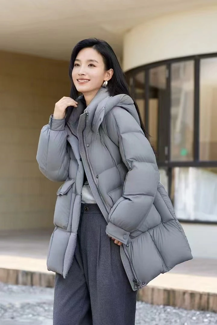 立领连帽中长款羽绒服女宽松2024冬季新款韩版加厚休闲2406