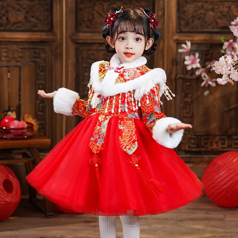 女童旗袍冬加绒保暖加厚中小童公主裙周岁儿童拜年服旗袍裙99181