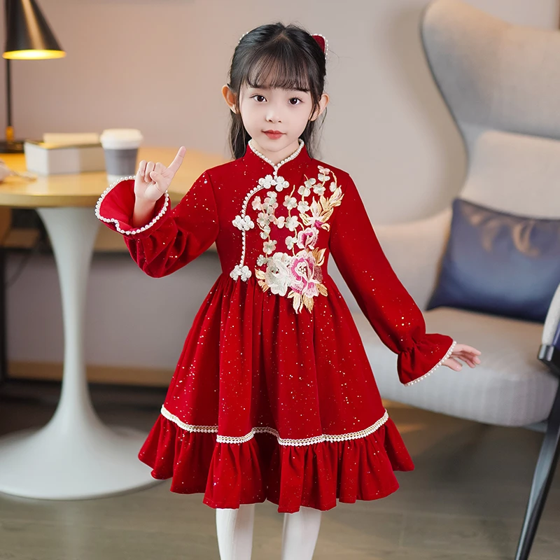F239汉服儿童古装冬款女童冬季中国风加绒唐装过年拜年服加厚冬装