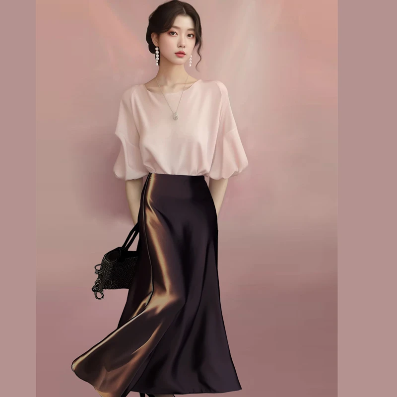 高级感轻奢醋酸2025夏季连衣裙女神粉色名媛法式洋气显瘦上衣套装
