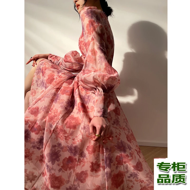 现货高档Aconicon繁花显瘦法式印花连衣裙女轻奢复古礼服中长裙子