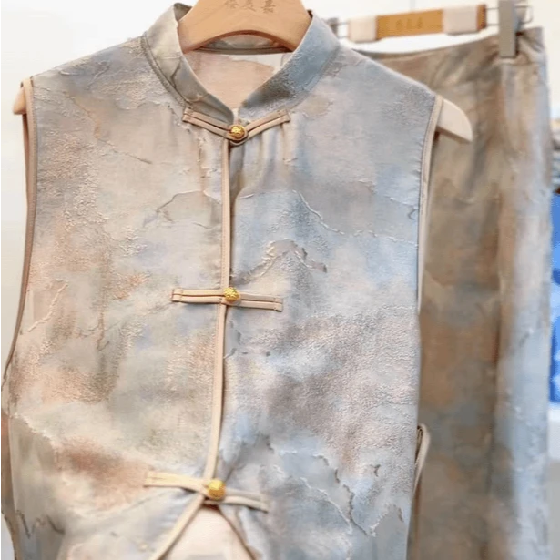 靓哥新中式满分桑蚕丝真丝剪花马甲半裙套装DY1630