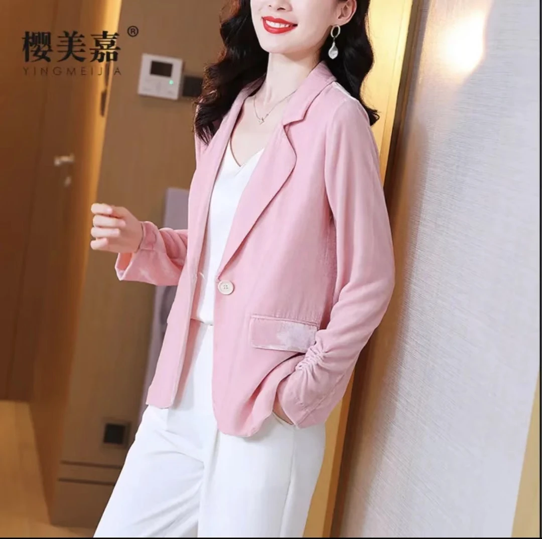 【13313西服】樱美嘉真丝丝绒西装时尚洋气职业宽松休闲桑蚕丝西服