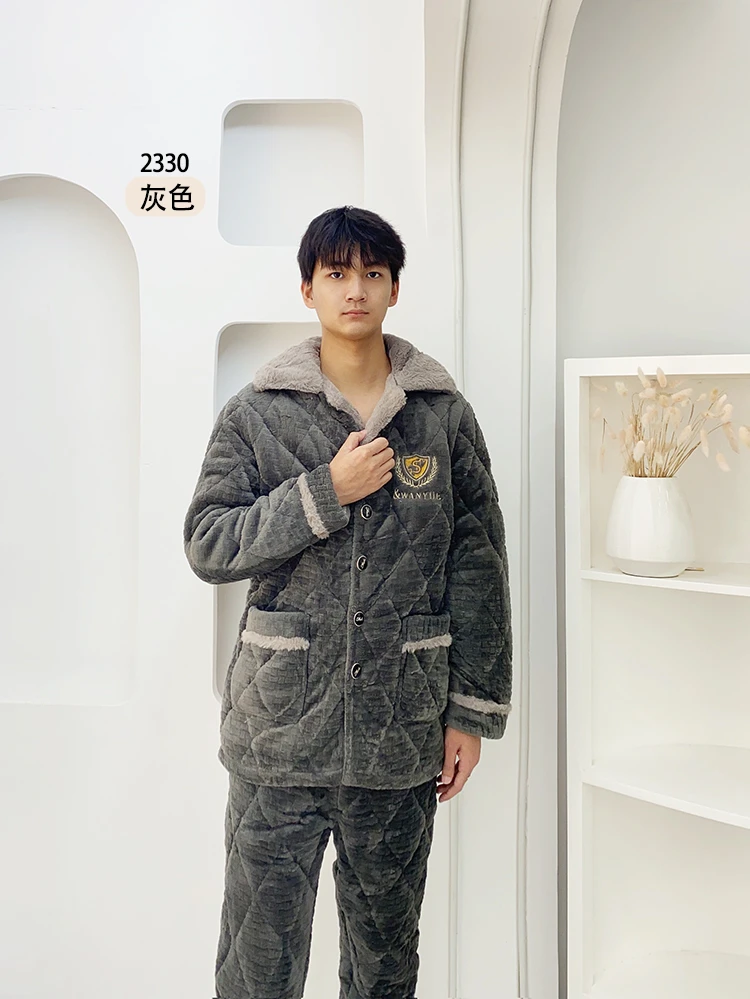 三层加厚翻领小方格可外穿家居服套装 颜色