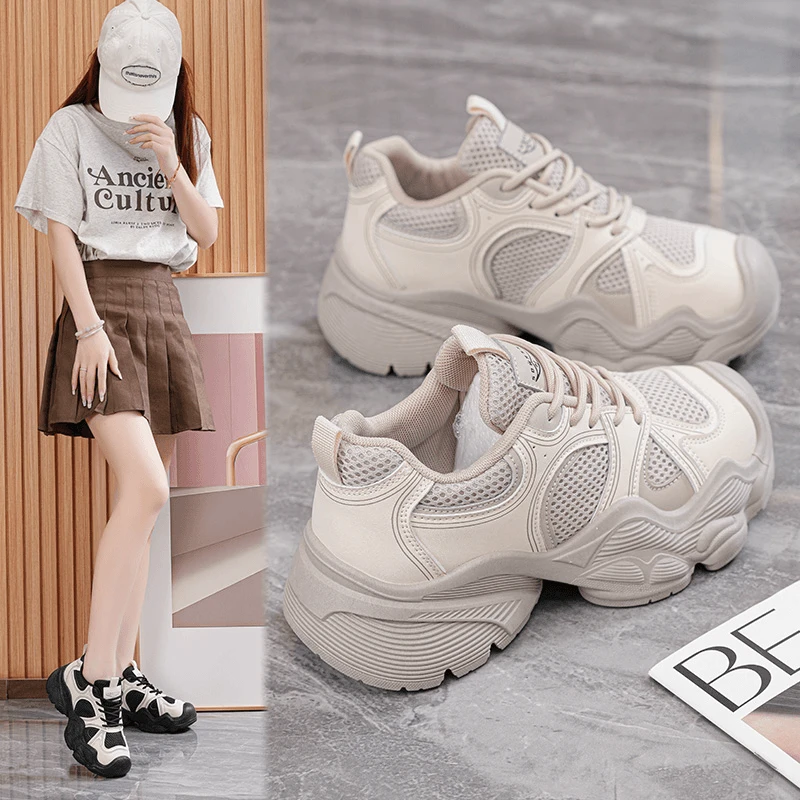 透气网面休闲女鞋2024秋季新款舒适百搭运动鞋老爹鞋厚底轻便潮流