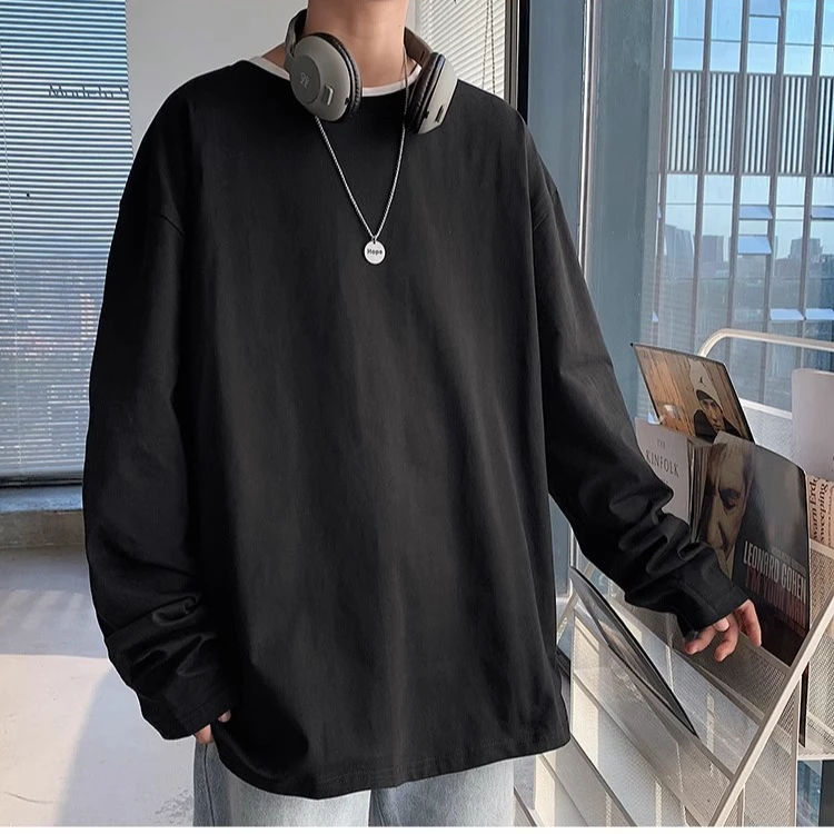 100%纯棉280克重磅长袖t恤男情侣白色卫衣休闲纯色打底内搭体恤