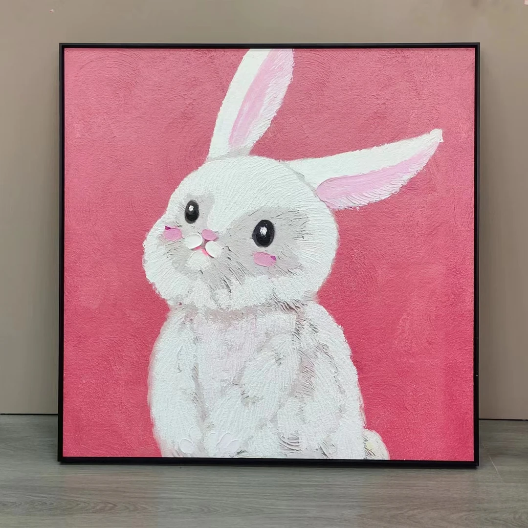 手工油画兔子可爱儿童房餐厅治愈系走了过道尽头挂画兔子8080