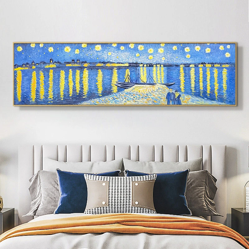 .手工油画罗纳河上的星空卧室床头欧式装饰画星空50180