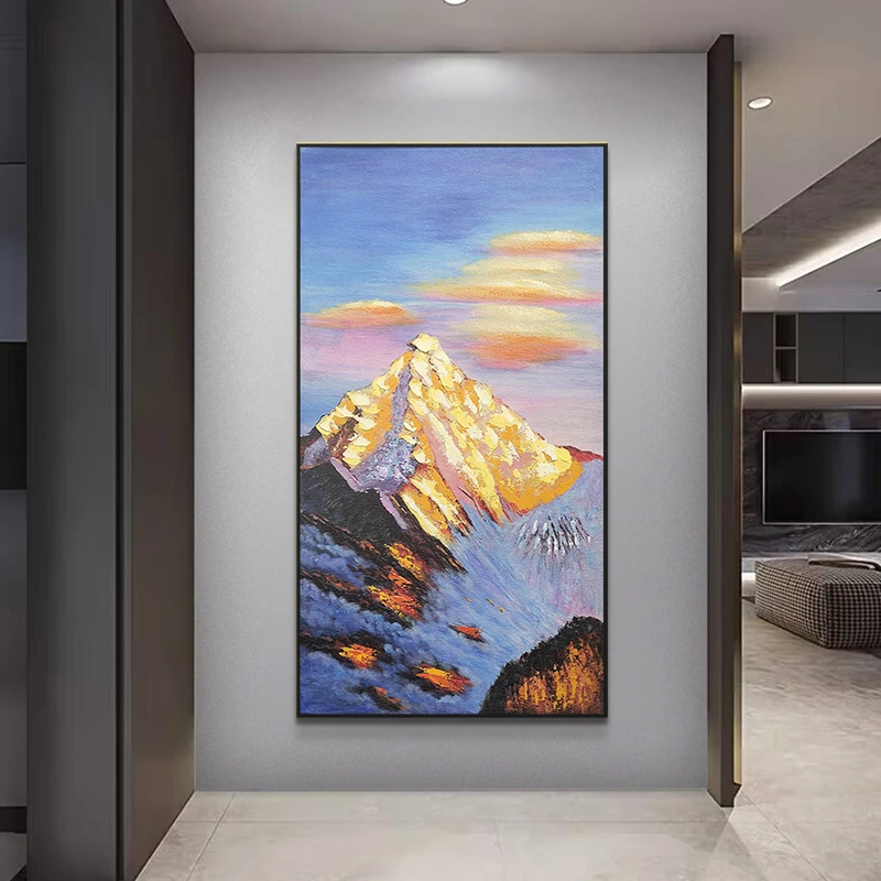 绘油画玄关书房办公室竖版装饰画日照金山招财轻奢金山80160