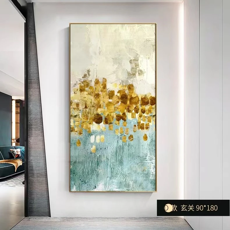 玄关发财树油画风格油画布装饰画竖版过道走廊金色抽象80160