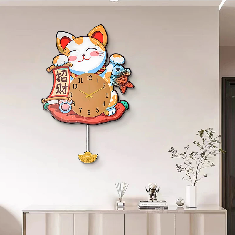 招财猫创意餐厅挂钟装饰画玄关走廊过道摇摆猫挂画招财猫5070