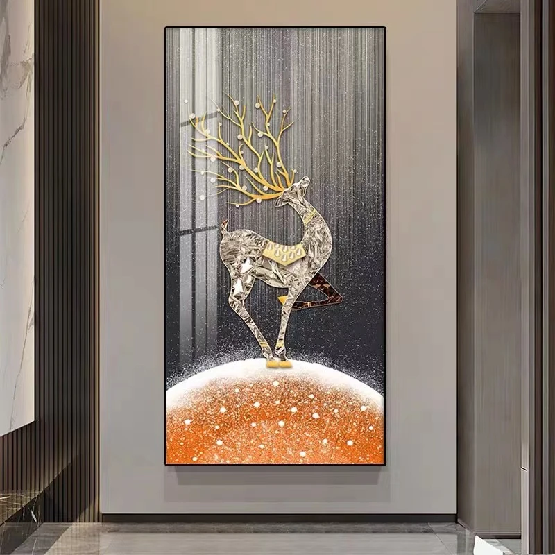玄关装饰画客厅竖版挂画铝合金边框沙发落地画背景画鹿100200