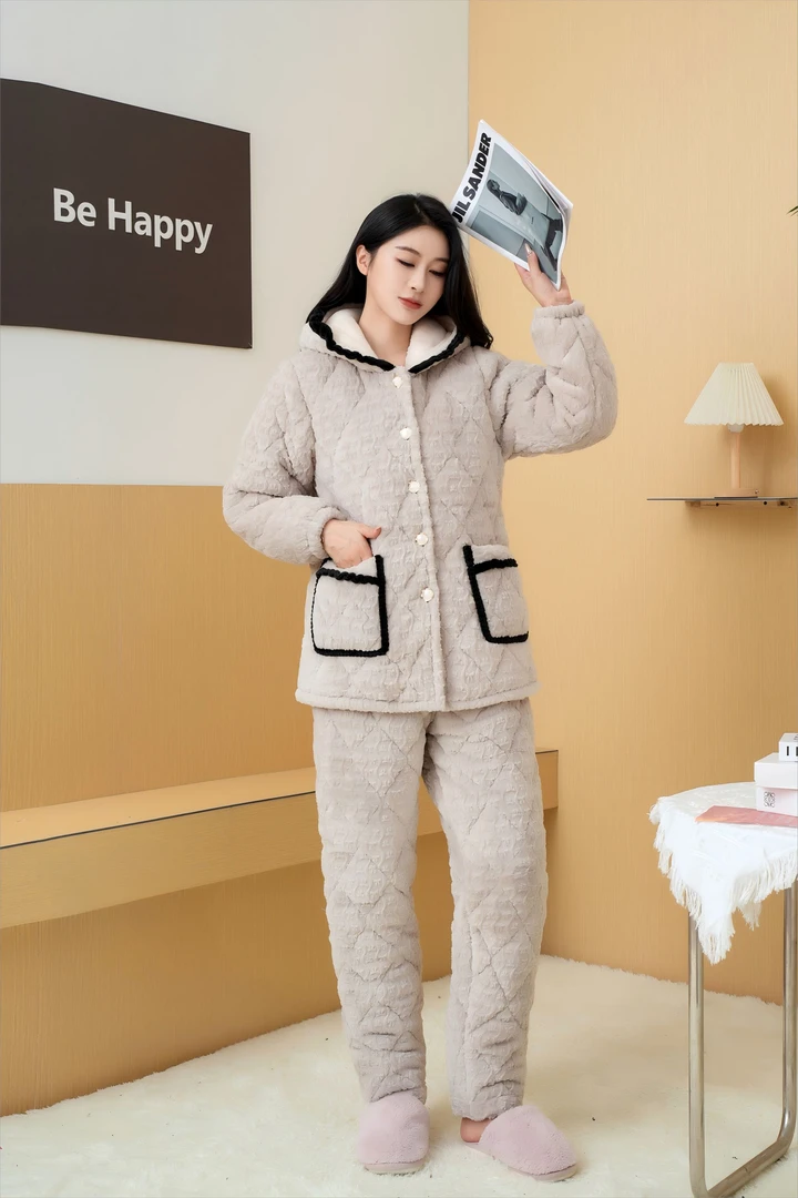 三层夹棉加厚睡衣家居服长袖保暖加绒舒适休闲居家冬款秋冬季6031