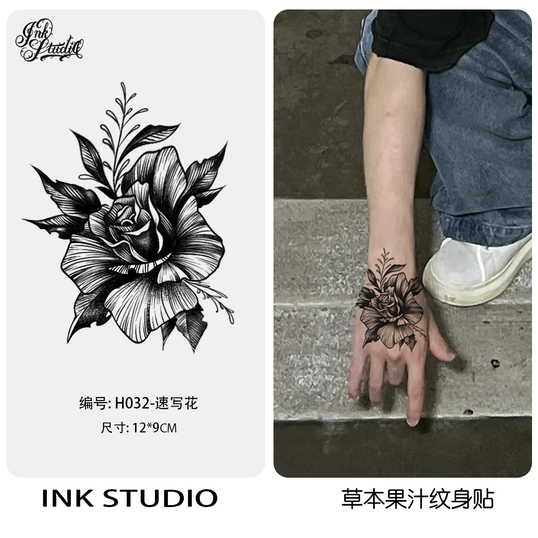 INK·玫瑰花 暗黑风 草本果汁纹身贴 防水贴 半永久手臂手背男女生
