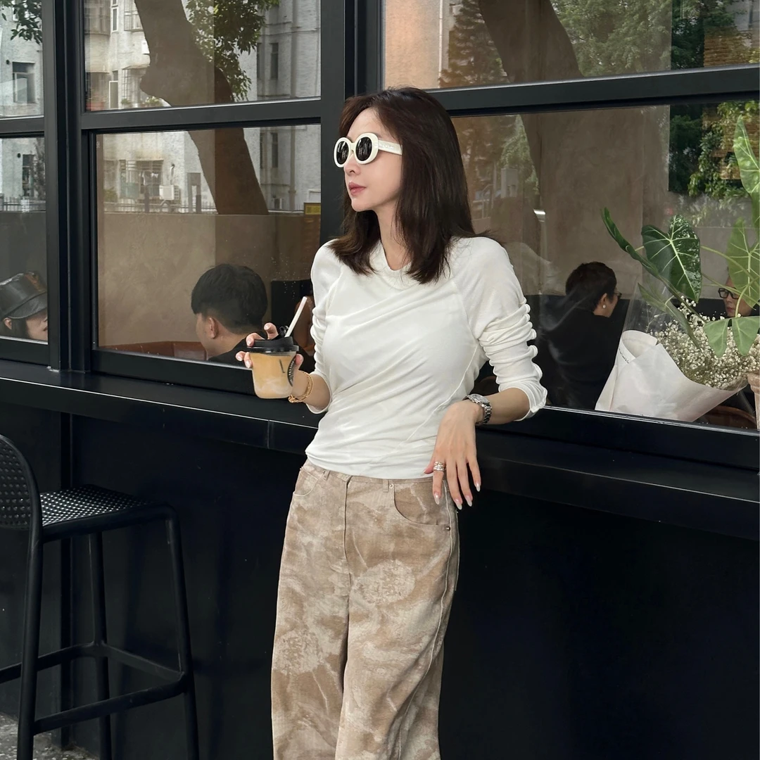 Noble.L 奶白色/黑色螺纹棉长袖T恤气质时尚百搭修身休闲纯色女士