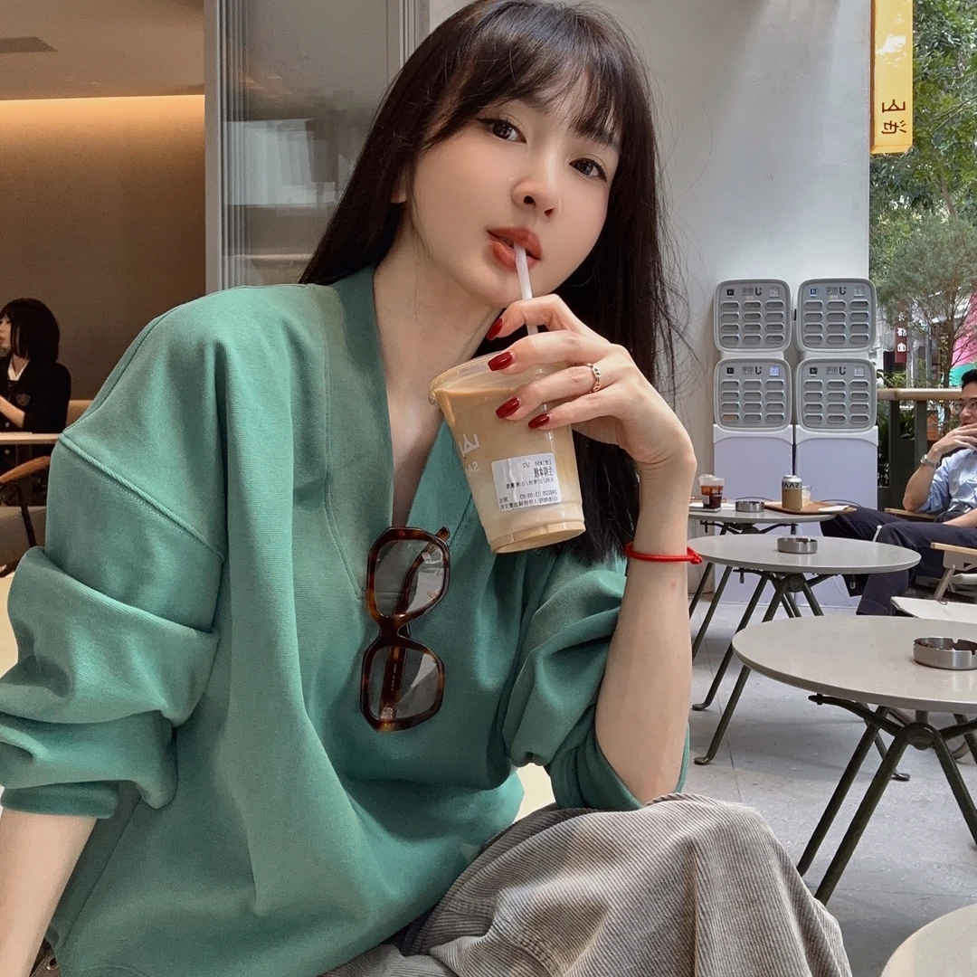 Noble.L 绿色V领卫衣长袖休闲百搭纯色舒适简约女士时尚套衫运动