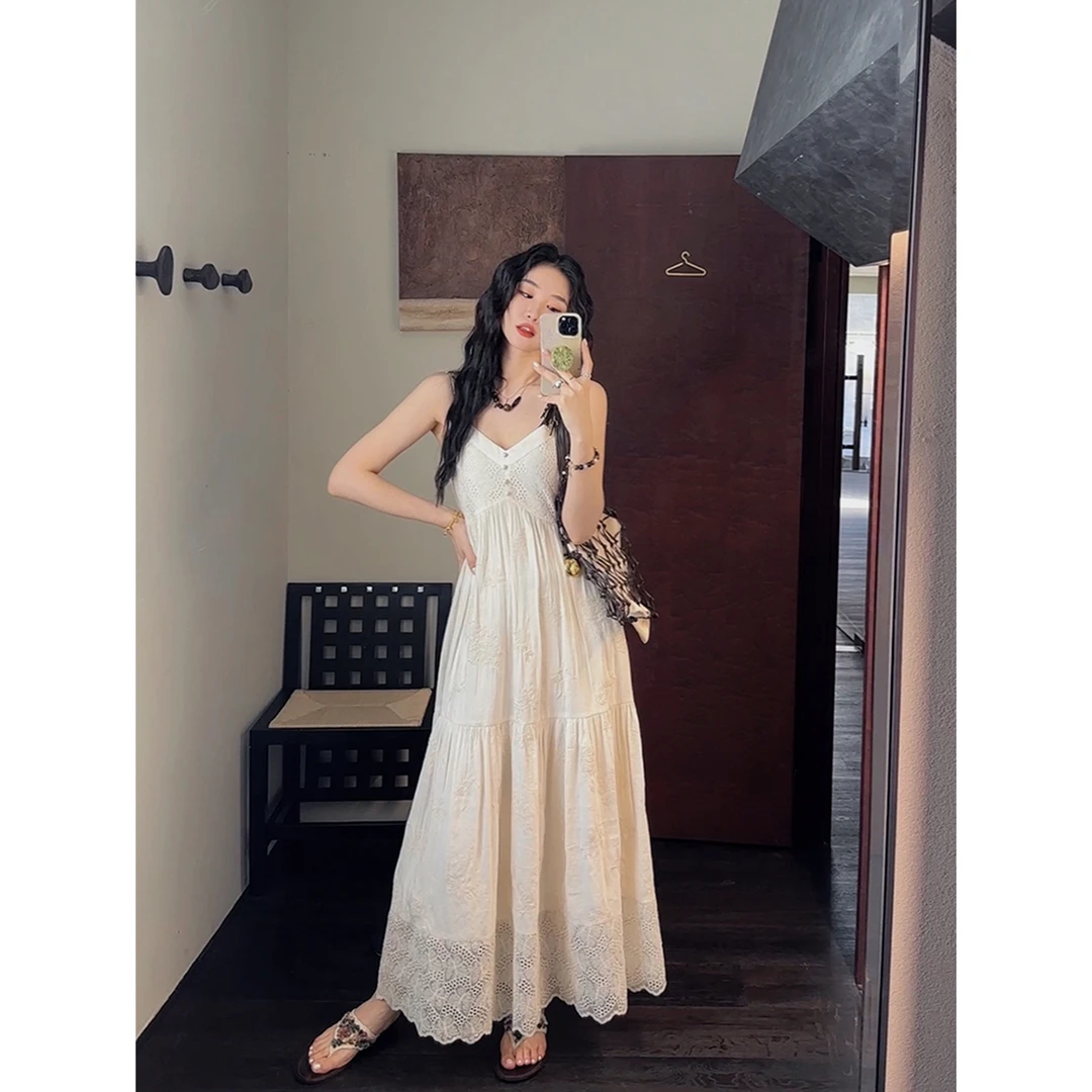 三吉黑花【浮生月】新中式V领吊带裙超好看连衣裙女装2024新款夏