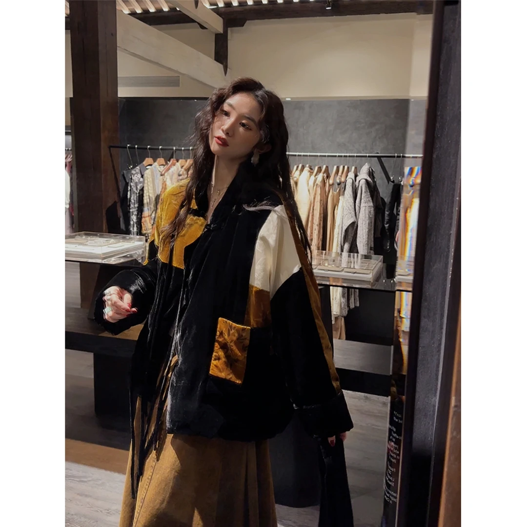 【云C专属】三吉黑花【竹林晚】新中式国风拼接丝绒冬季羽绒服白鸭绒