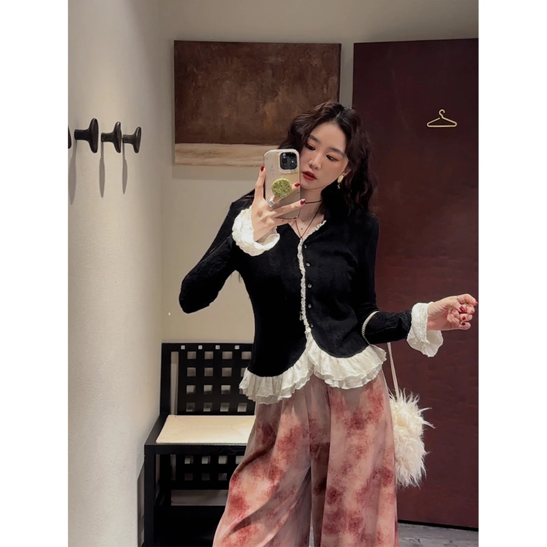 三吉黑花【若水】花边针织衫秋冬上衣开衫内搭2024新款长袖打底衫