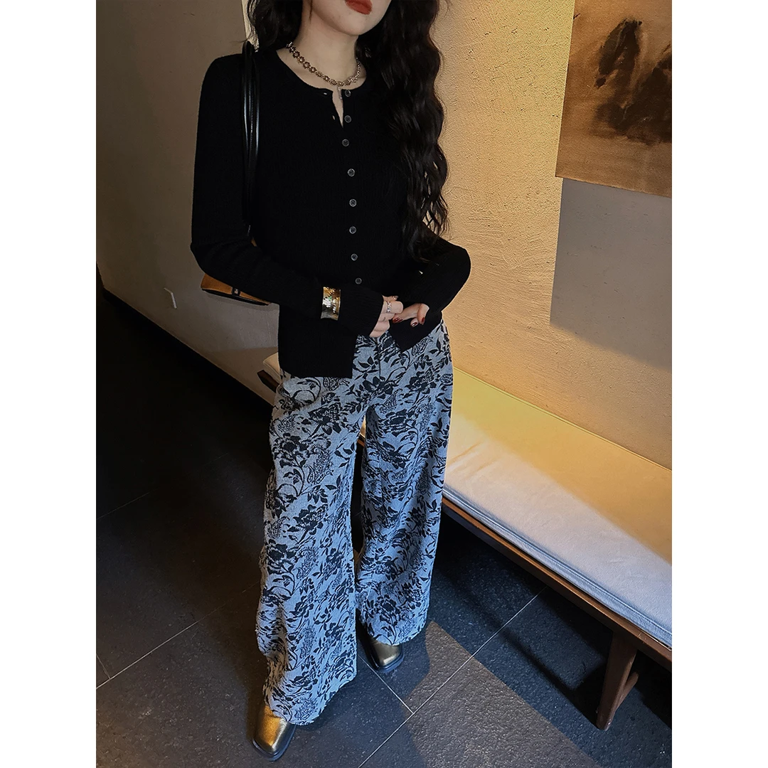 三吉黑花【花蔓】国风新中式提花阔腿牛仔裤女2024年新款微喇裤潮