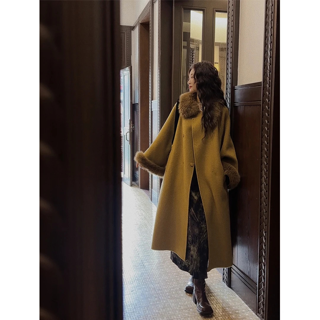 三吉黑花【踏雪】新中式羊毛双面呢大衣外套秋冬高级感毛领小个子