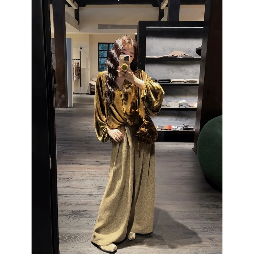 三吉黑花【寻野】阔腿裤子女秋冬2024新款休闲毛呢裤宽松bf慵懒风