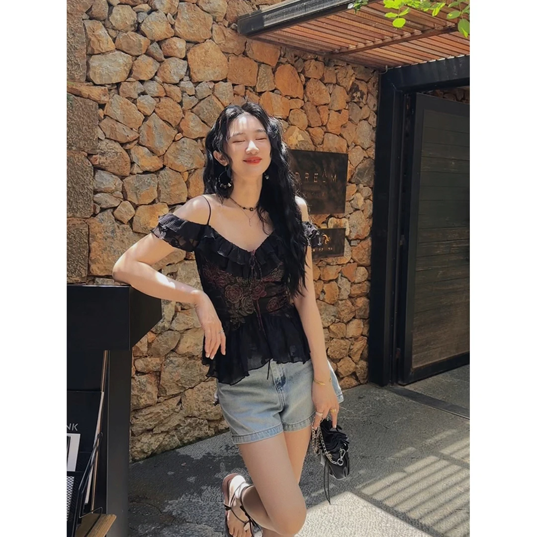 【娜娜专属】三吉黑花【小花嫁】2024新款小众设计款性感蕾丝上衣