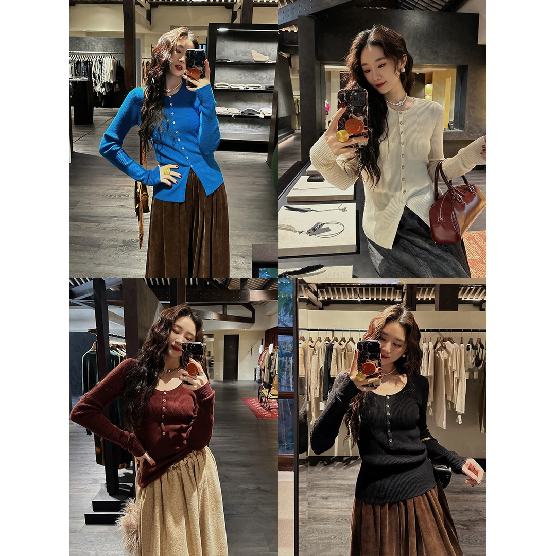 三吉黑花【向暖】打底衫女秋冬毛衣开衫上衣洋气内搭高级感组合潮