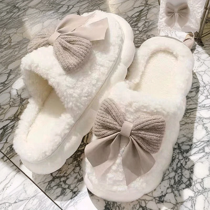 【冬季特卖】棉拖鞋新款蝴蝶结柔软冬季居家毛毛女生防滑外穿棉拖