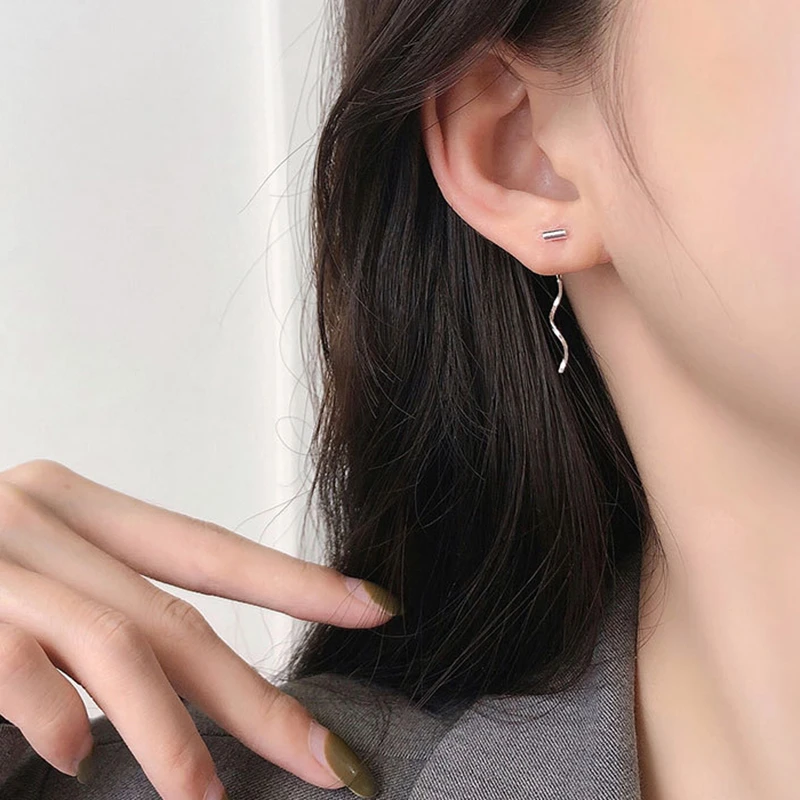 925银耳饰 纯银圆柱波浪耳线轻奢网红耳环小众设计感耳钉潮火爆款