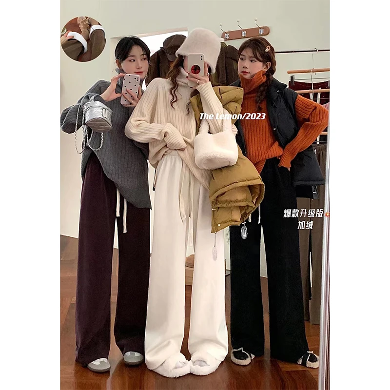 LuckyDeer 鹿 韩系简约冬款加绒休闲裤高腰显瘦显腿长松紧腰裤子