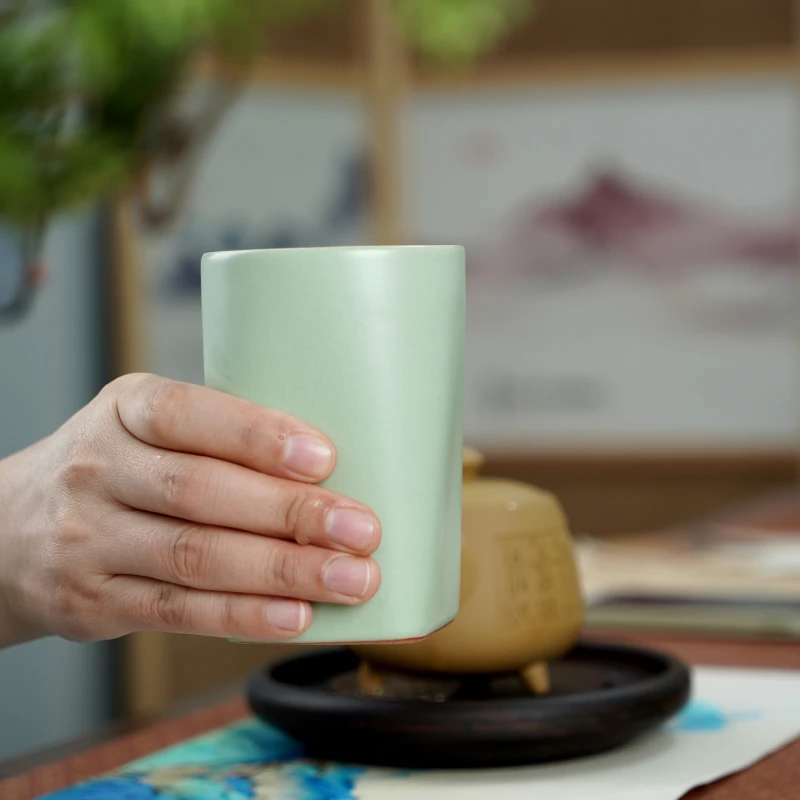 汝窑茶道筒茶杯主人杯陶瓷开片印章水杯笔筒暖手杯一器多用