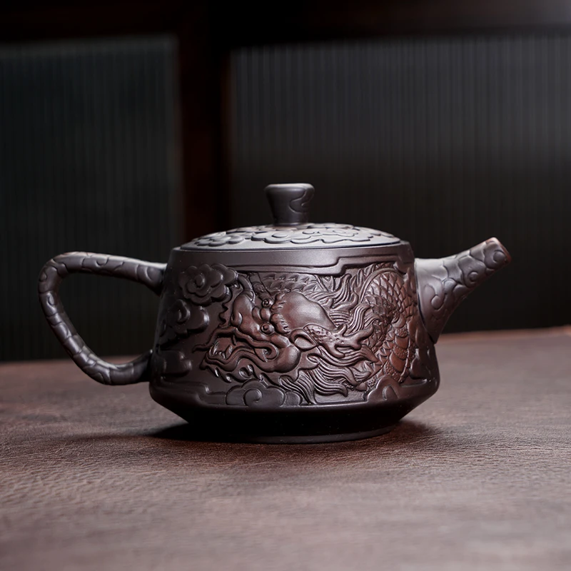 紫陶壶茶壶泡茶壶浮雕龙壶