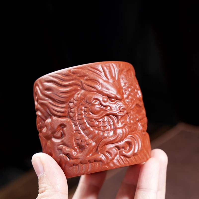 紫砂主人杯大容量浮雕龙杯朱泥祥龙直口杯