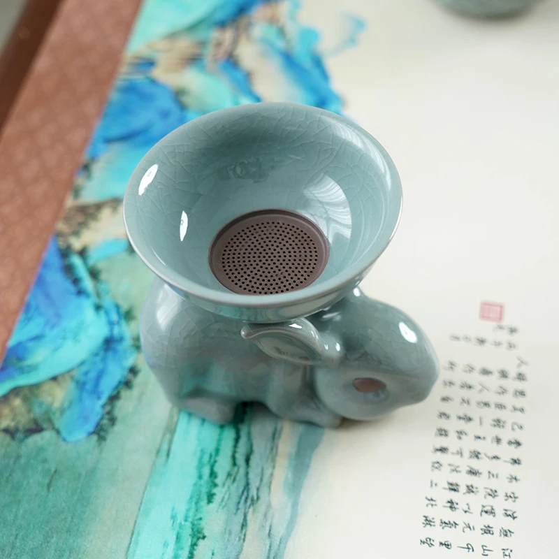 哥窑开片茶滤小兔陶瓷冰裂滤茶器茶漏托组全瓷滤网茶隔茶道配件