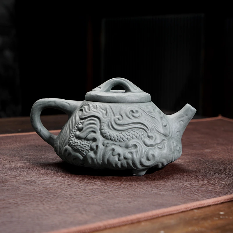 紫砂壶带绿泥石瓢龙壶满雕中式茶壶带证书