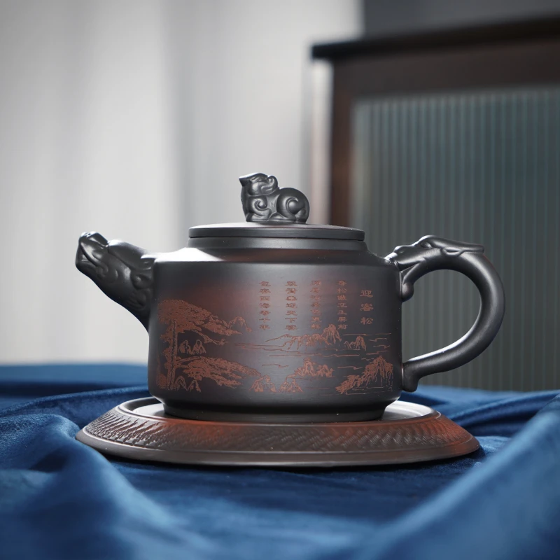 紫砂壶泡茶壶大号家用紫泥功夫茶具办公浮雕竹节单壶杯