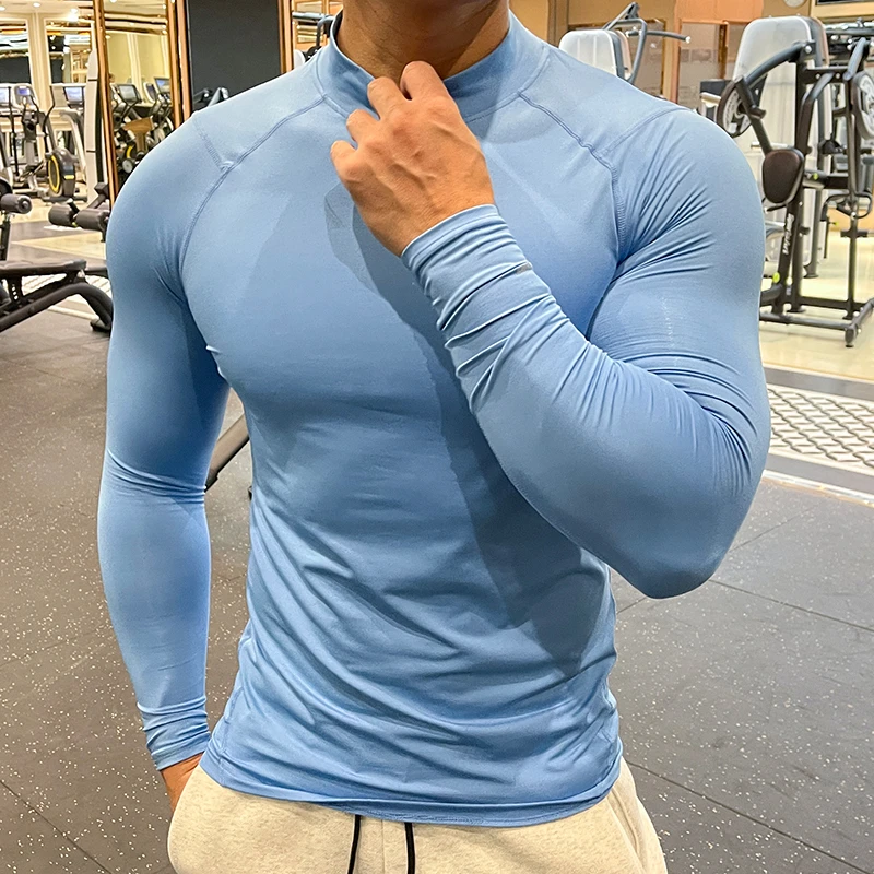 健身服运动男高弹力长袖速干肌肉健身衣轻薄透气凹凸紧身衣立领