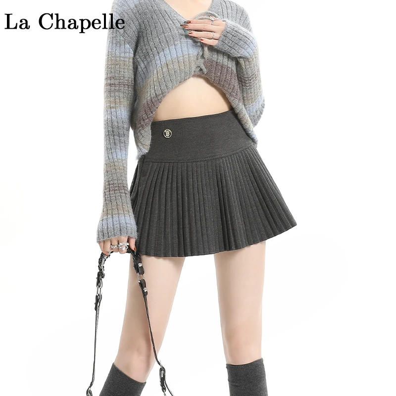 拉夏贝尔美式辣妹毛呢半身裙女2024春秋纯欲显瘦灰色高腰百褶裙潮
