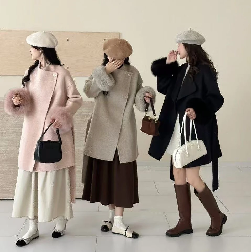 双面羊毛外套翻领秋冬长款毛毛毛袖外套显瘦中长款气质韩版双面