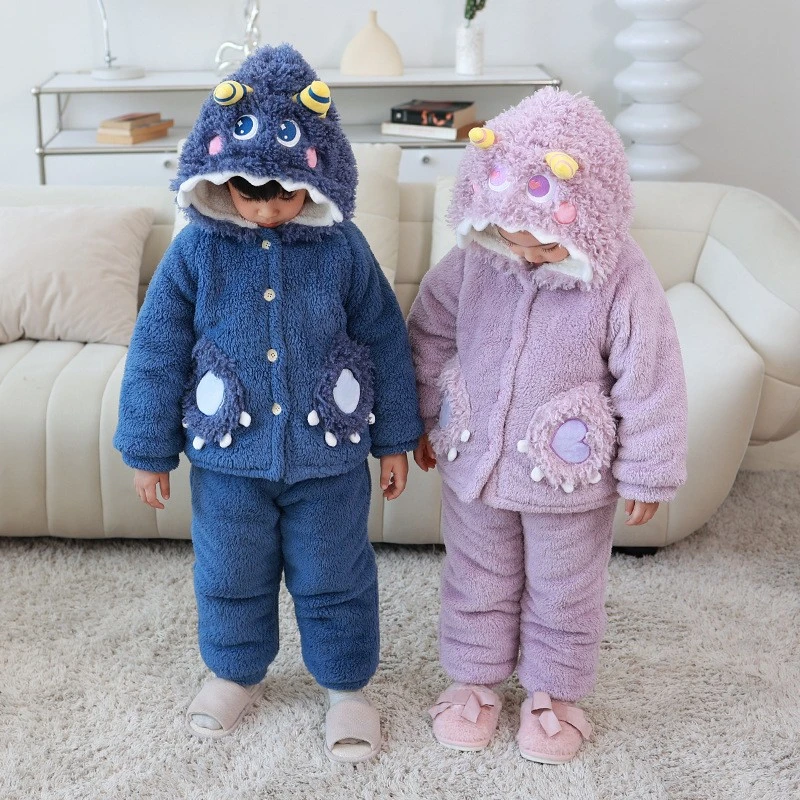 鱼飞云游男童加厚家居服小怪兽珊瑚绒女宝加绒双层羊羔绒保暖睡衣