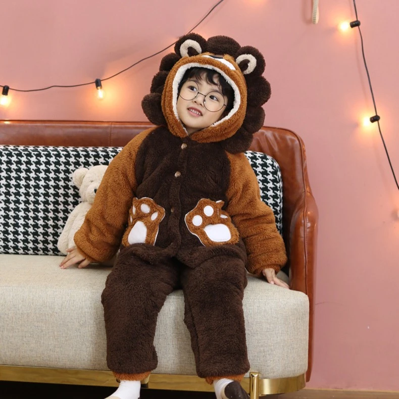 冬季新品男童小狮子超萌加厚家居服套装双层加绒保暖儿童睡衣套装