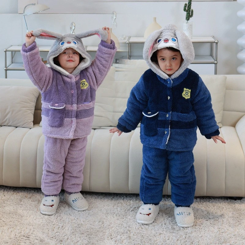 鱼飞云游冬女童可爱长耳朵兔子加厚双面绒家居服双层加绒保暖睡衣