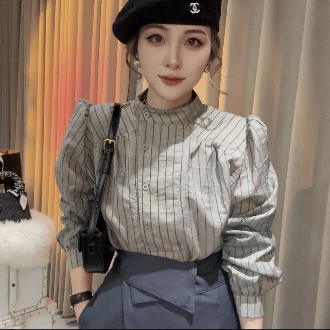 感设计衬衣女优雅韩系条纹衬衫长袖衬衫宽松小众复古简约