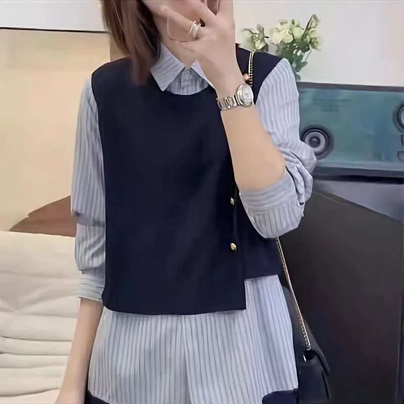 2025秋冬季新款假两件条纹拼接衬衫女设计感小众百搭时尚上衣女