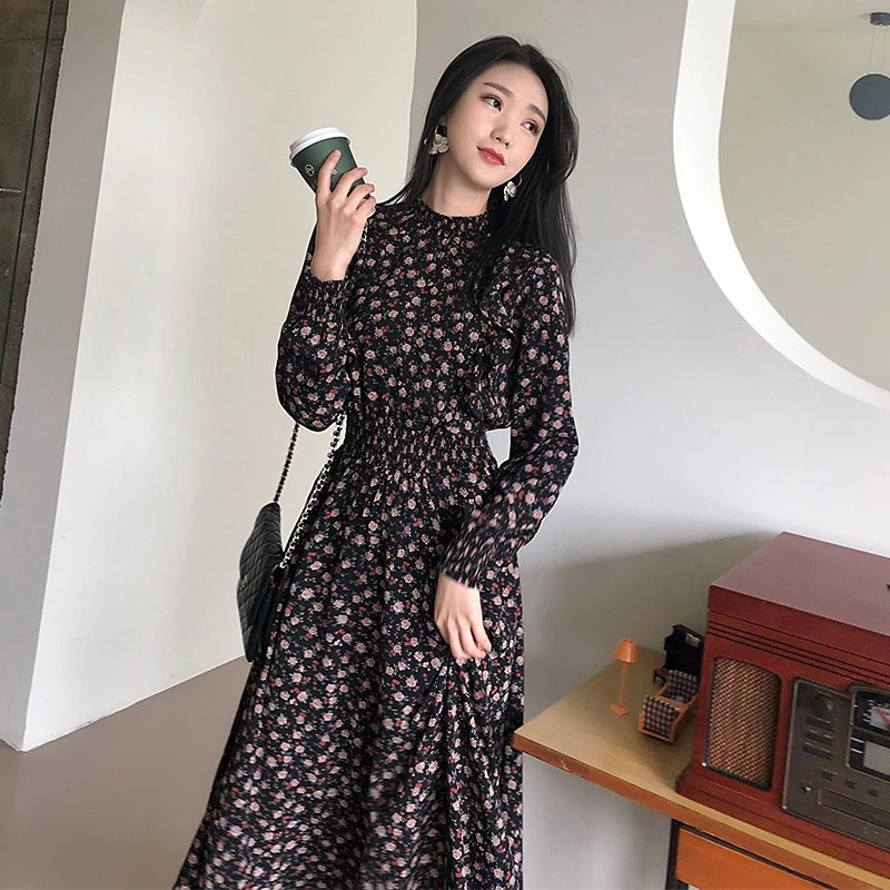 法式长袖连衣裙女春秋气质显瘦碎花裙立领长裙大码胖mm女装连衣裙